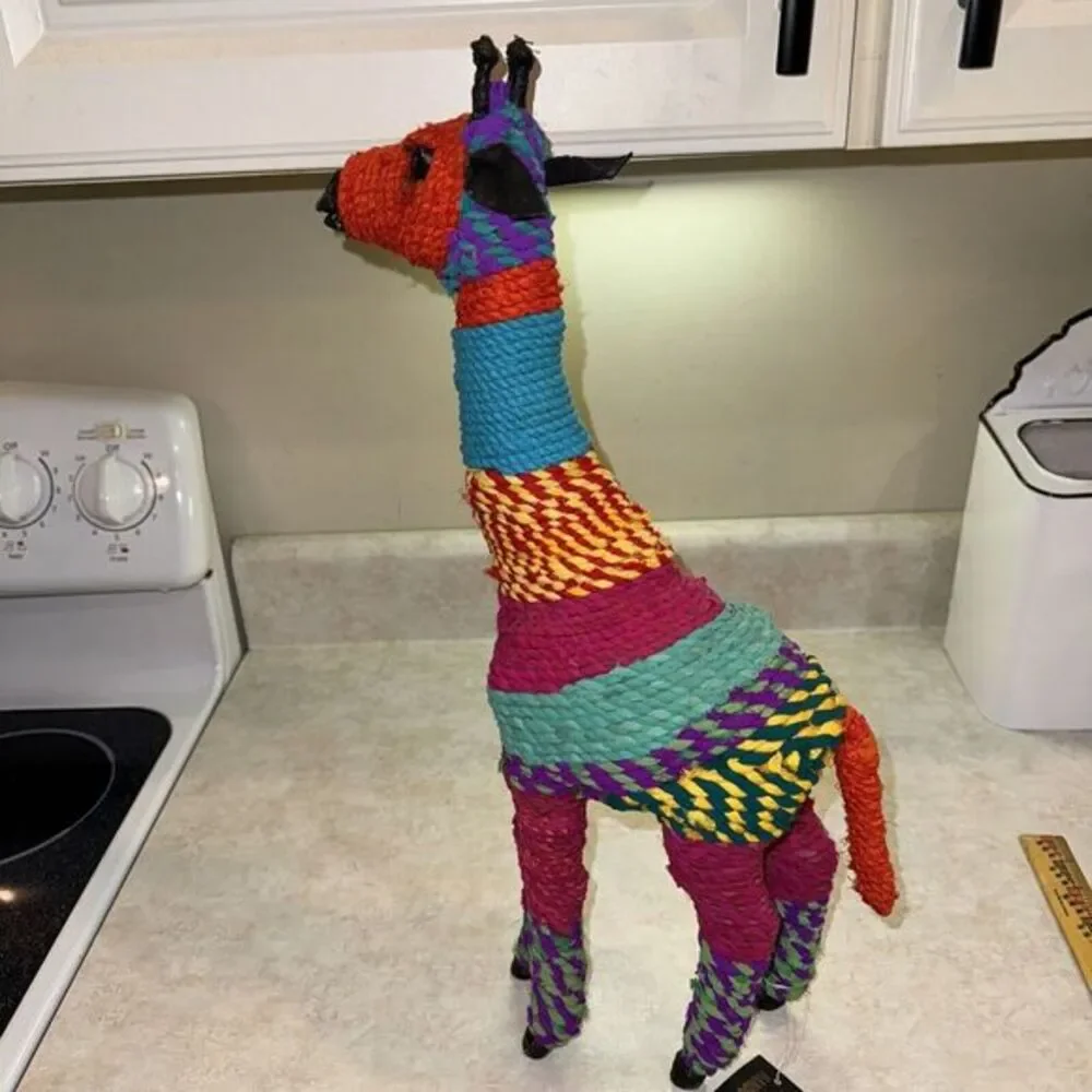 Handcrafted Giraffe Figurine Recycled Yarn Multicolor‎ India Boho Decor 12in